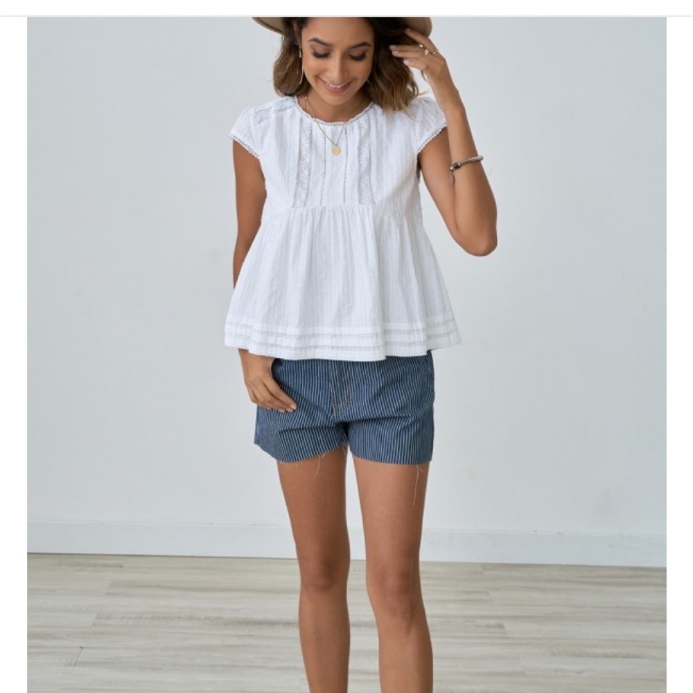 Roolee White Babydoll Eyelet Flutter Sleeve Top